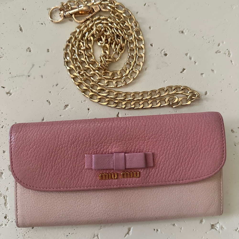 Miu Miu Pink leather wallet with gold chain strap